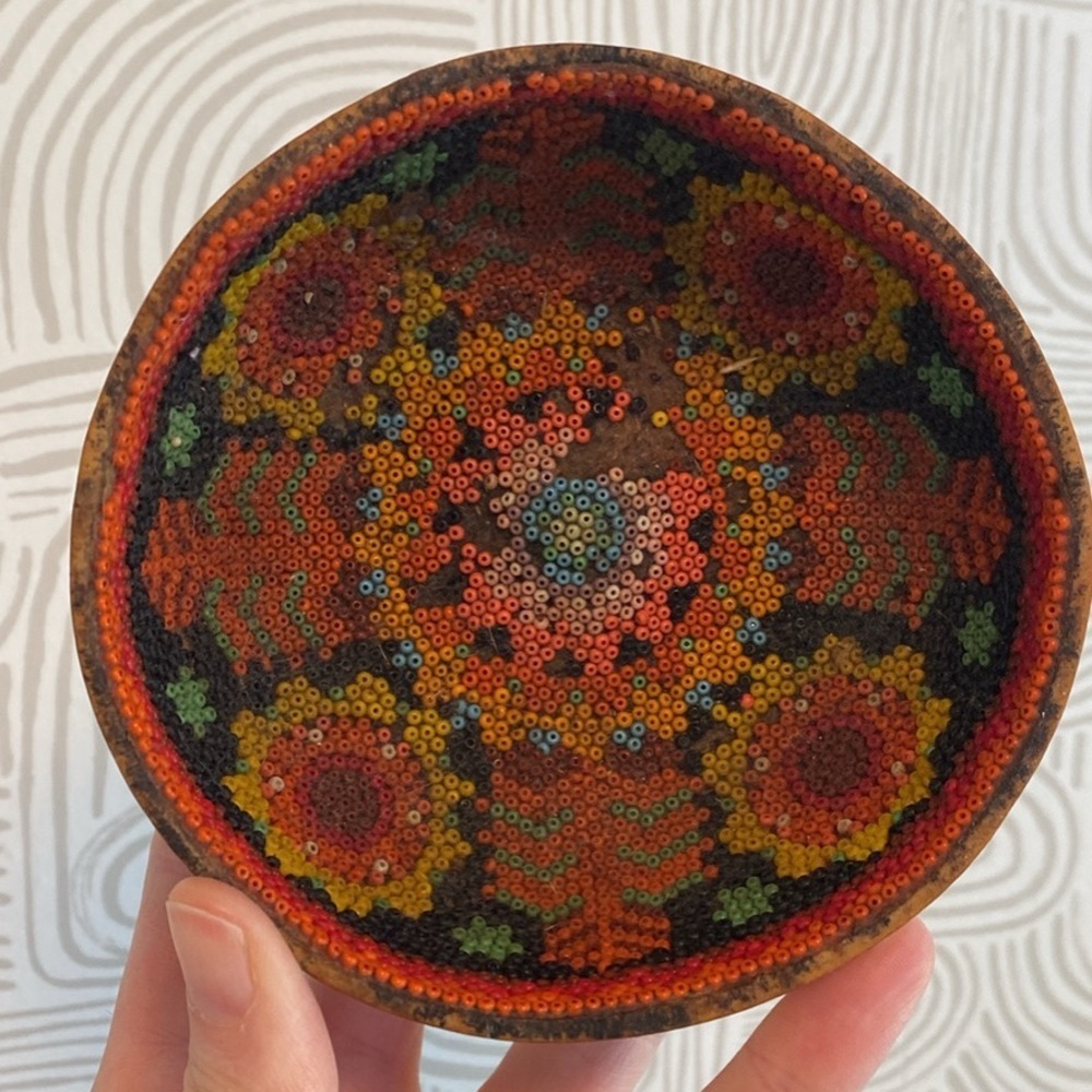 Vintage Huichol Mexican Bead Folk Art Gourd-Prayer Bowl